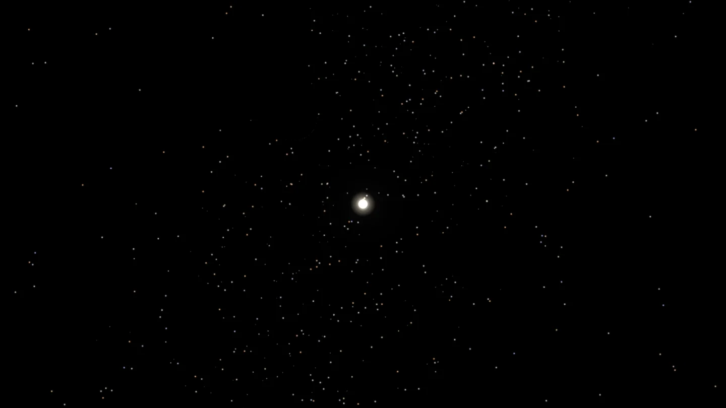 A câmera volta em direção ao Sol, sobe para fora do plano dos planetas e a Terra aparece como um ponto claro ao lado do brilho do Sol.